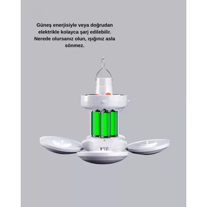 AsilTech 5 Kanatlı Solar Kamp Lambası – USB Şarjlı, Taşınabilir, IP65 Su Geçirmez Bahçe Lambası