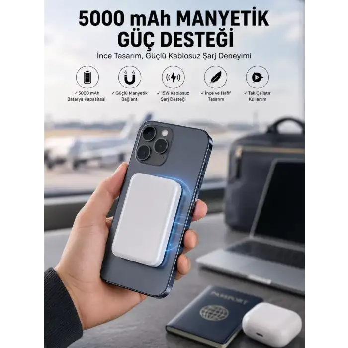 AsilTech 5000 Mah İOS Uyumlu Magsafe Kablosuz Şarj Hızlı Şarj Desteği