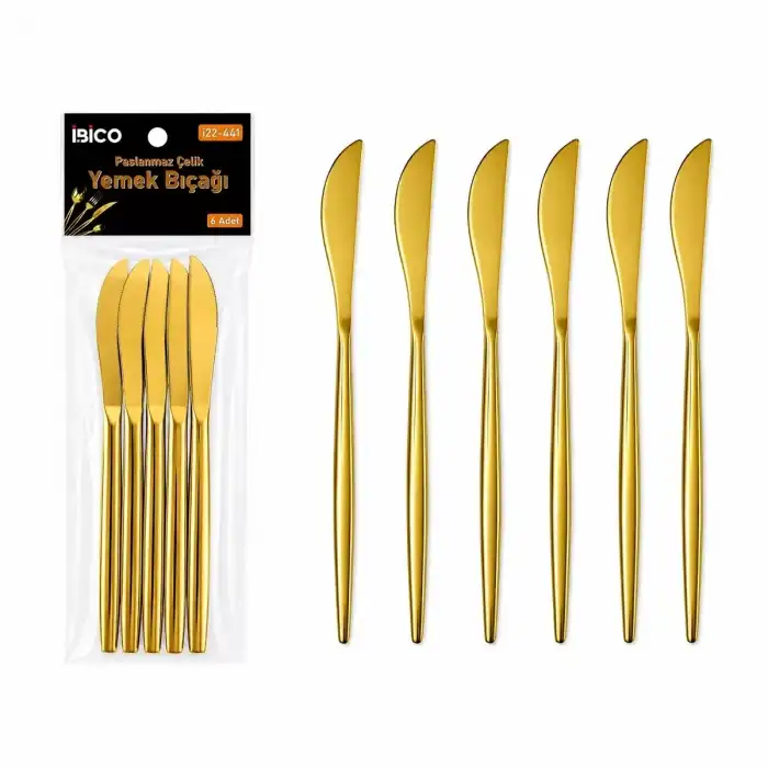 AsilTech 6 Parça Yemek Bıçağı Seti - Parlak Altın Renk - 21 cm