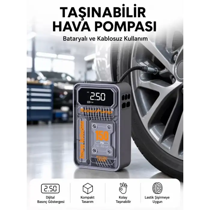 AsilTech 6000mAh Bataryalı LED Ekranlı Akıllı Hava Kompresörü