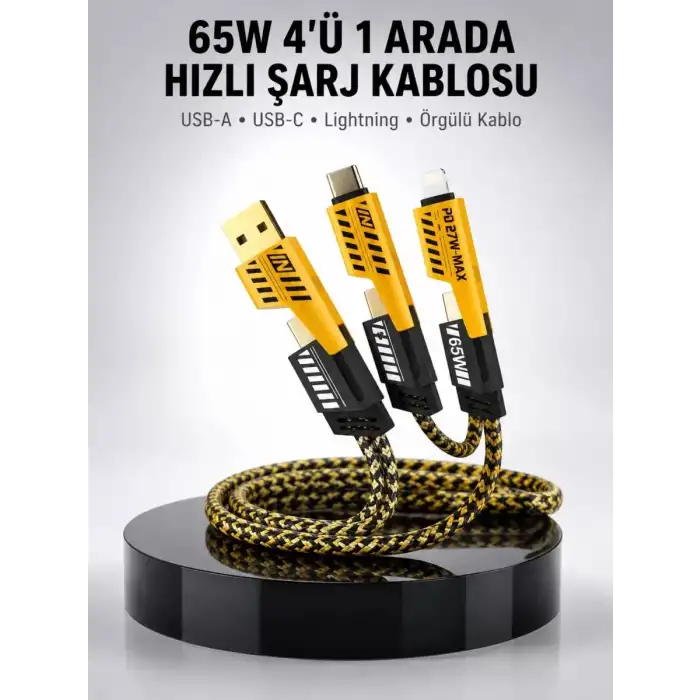 AsilTech 65W 4ü 1 Arada Çoklu Şarj Kablosu – USB-C, USB-A, Lightning, Veri ve Şarj Desteği Yeni Nesil