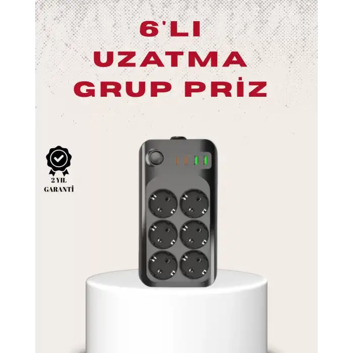 AsilTech 6’lı Grup Priz Termal Korumalı USB Type-C Çoklu Priz 2 Metre Kablo