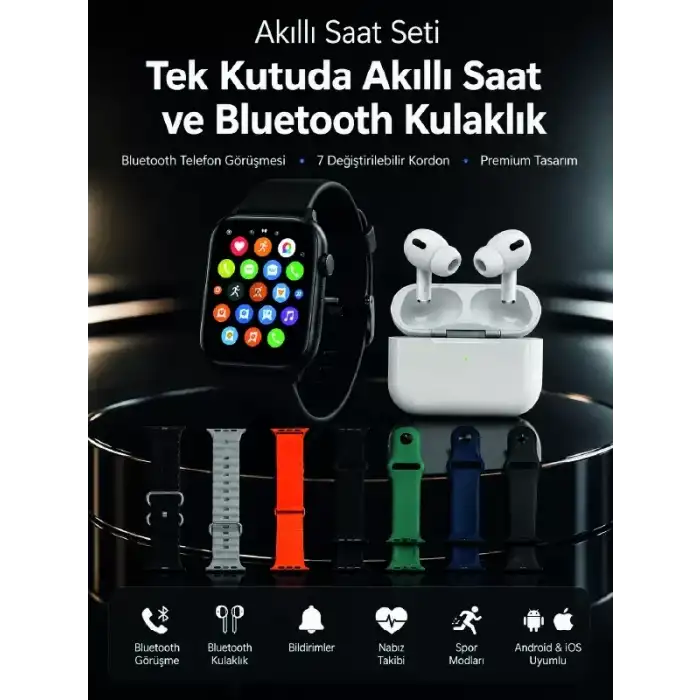 AsilTech 7 Kordonlu Akıllı Saat ve Bluetooth Kulaklık Seti Nabız Takibi, Bildirimler ve Spor Modları