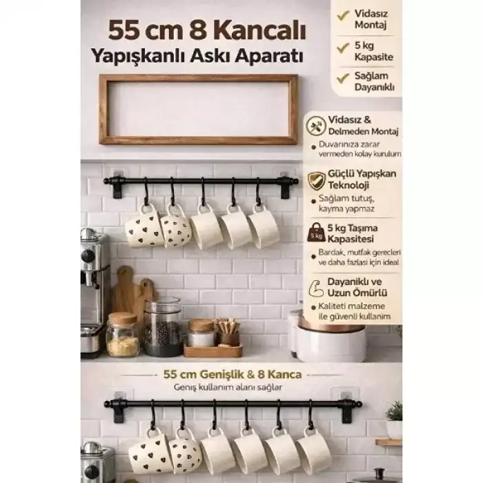 AsilTech 8 Kancalı Yapışkanlı Askı Aparatı