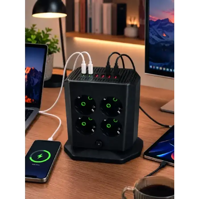 AsilTech 8li Dikey Çoklu Priz 4 USB 2 Type-C Akım Korumalı Anahtarlı Priz