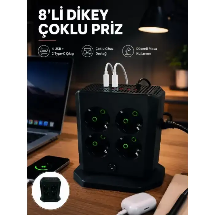 AsilTech 8li Dikey Çoklu Priz 4 USB 2 Type-C Girişli Akım Korumalı Uzatma Prizi