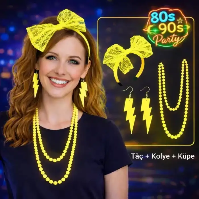 AsilTech 80’ler 90’lar Neon Sarı Parti Seti – Kolye Küpe Taç