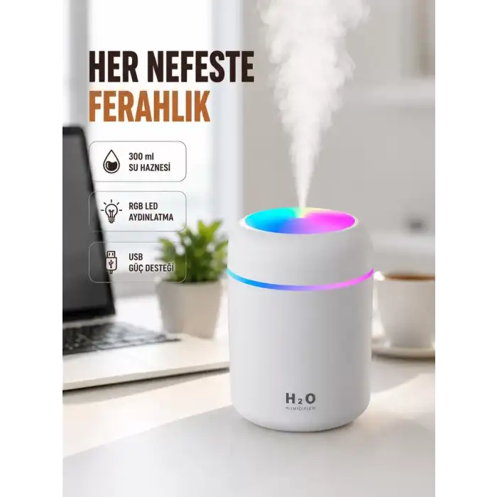 AsilTech ABS Gövdeli 300ml USB Nemlendirici – Beyaz, Gri, Pembe Renk