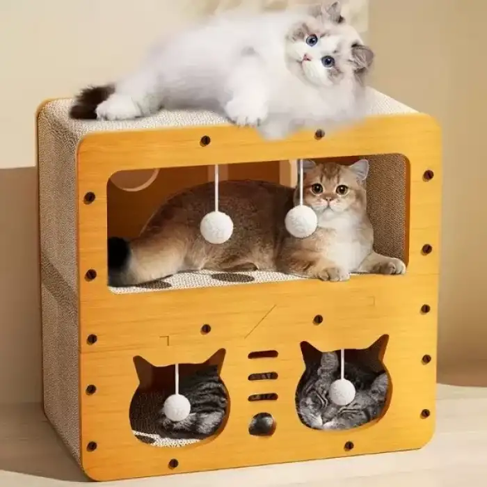 AsilTech Ahşap İki Katlı Tırmalamalı Kedi Oyun Evi