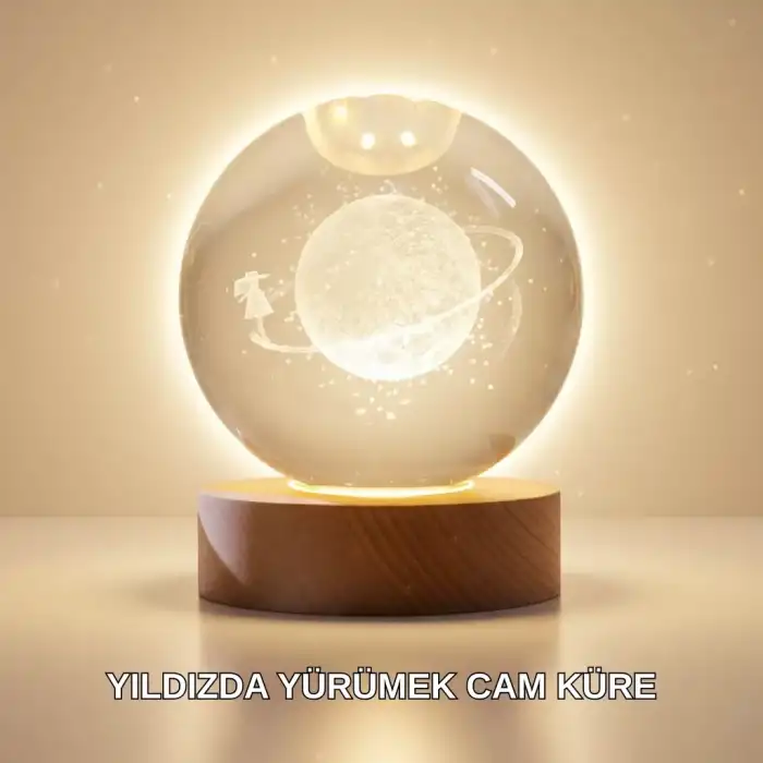 AsilTech Ahşap Standlı Sarı Işıklı Dekoratif Küre Kız Figürü Tasarım