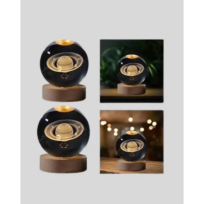 AsilTech Ahşap Tabanlı 3D Satürn Kristal Küre Atmosfer Lambası