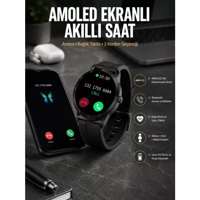 AsilTech Akıllı Saat Amoled Ekran 3 Kordonlu NFC Ve GPS Uyumlu