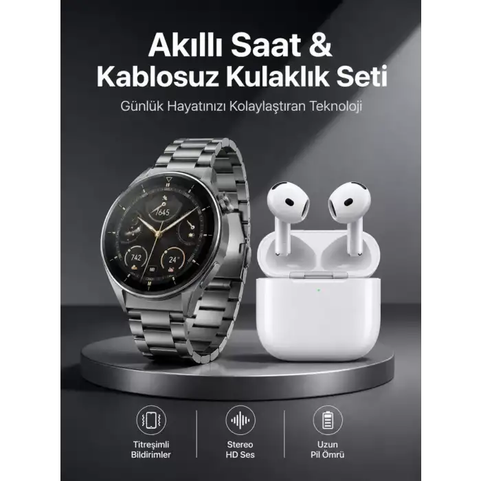 AsilTech Akıllı Saat ve Kulaklık Seti Bildirim Görme Arama Cevaplama ANC Özelliği