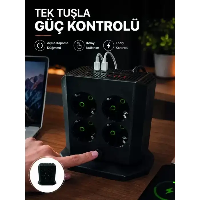 AsilTech Akım Korumalı 8li Dikey Priz 4 USB 2 Type-C Hızlı Şarj Destekli Çoklu Priz