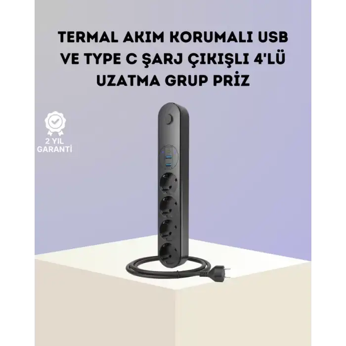 AsilTech Akım Korumalı Çoklu Priz 4’lü 2 USB 1 Type-C 2500W Güçlü Tasarım