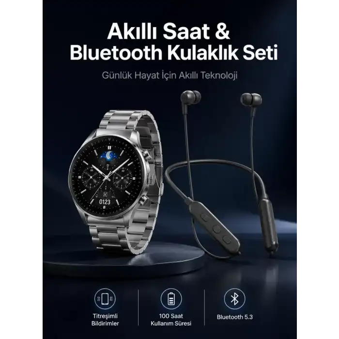 AsilTech Alarm ve Titreşim Özellikli Akıllı Saat ve Mikrofonlu Kablolu Bluetooth Kulaklık 60 Saat
