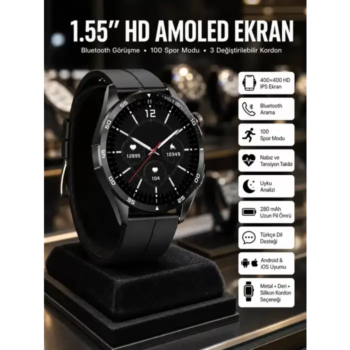 AsilTech Amoled Ekran 3 Kordonlu Akıllı Saat 5.0 Bluetooth Bağlantılı Android ve İOS Uyumlu
