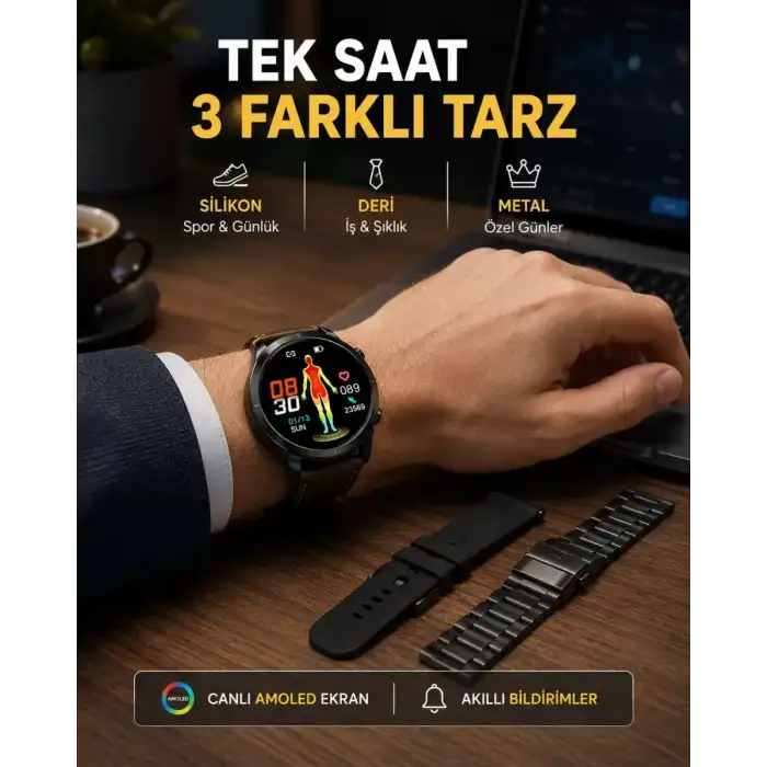 AsilTech AMOLED Ekranlı Akıllı Saat – 3 Kordon Seçenekli, Suya Dayanıklı, Kalp Atış ve Uyku Takip Özellikli