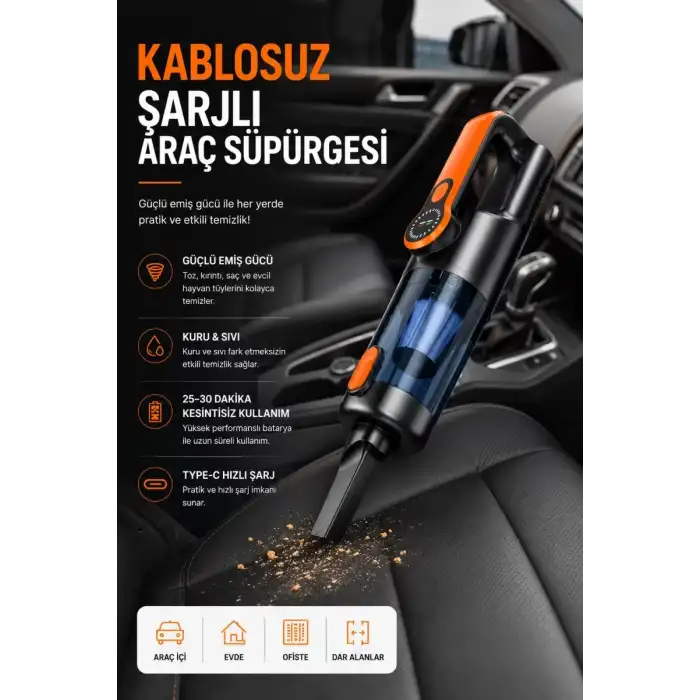 AsilTech Araç İçi Temizlik İçin Şarjlı El Süpürgesi