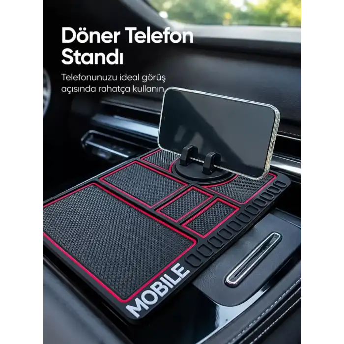 AsilTech Araç Konsol Organizeri Kaydırmaz Silikon Telefon Standlı Saklama Matı