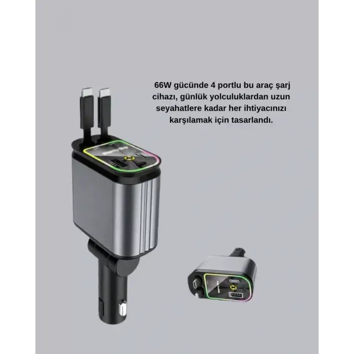 AsilTech Araç Şarj Adaptörü 66W PD QC Hızlı Şarjlı ve Çekilebilir Kablolu