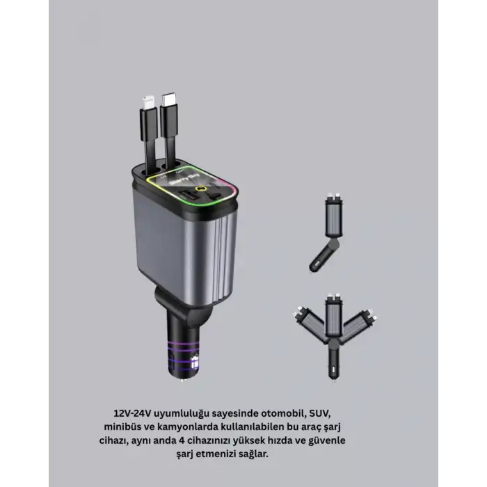 AsilTech Araç Şarj Adaptörü 66W PD QC Hızlı Şarjlı ve Çekilebilir Kablolu