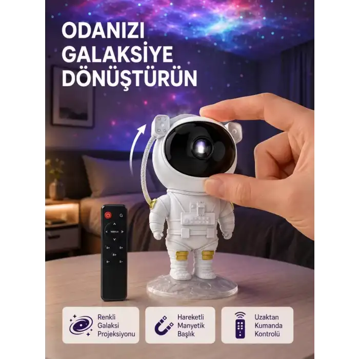 AsilTech Astronot Şekilli Galaxy Projeksiyon Lambası Nebula Efektli Dekoratif Lamba