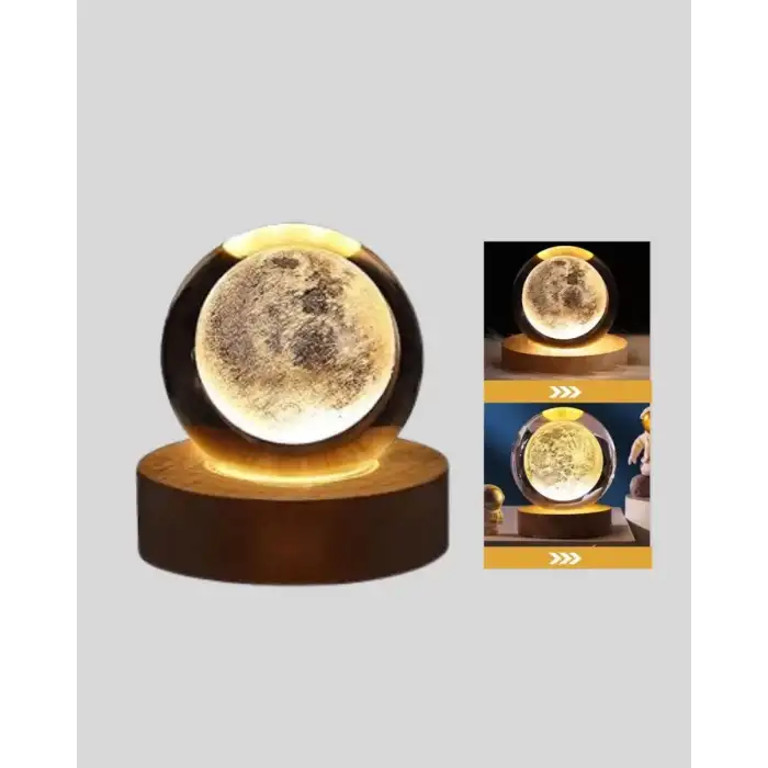 AsilTech Ay Temalı Kristal Küre Gece Lambası LED Aydınlatmalı Premium Dekor