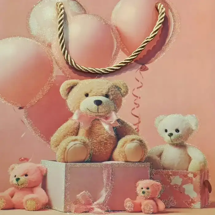 AsilTech Ayıcık Desenli Pembe Küçük Boy Karton Hediye Çantası