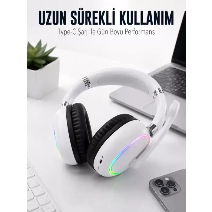 AsilTech Beyaz Bluetooth 5.0 Mikrofonlu Kablosuz Kulak Üstü Kulaklık RGB Işıklı Type-C Şarjlı
