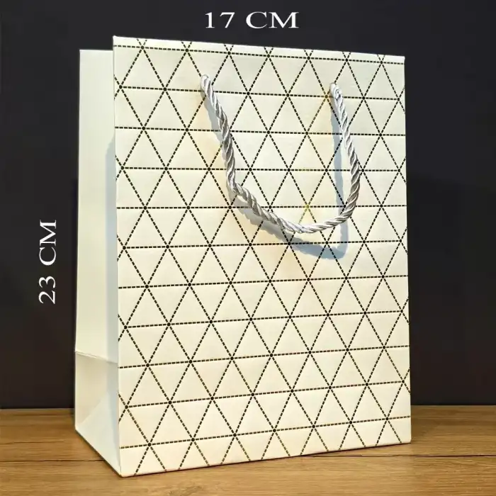 AsilTech Beyaz Geometrik Desenli Orta Boy Karton Hediye Çantası