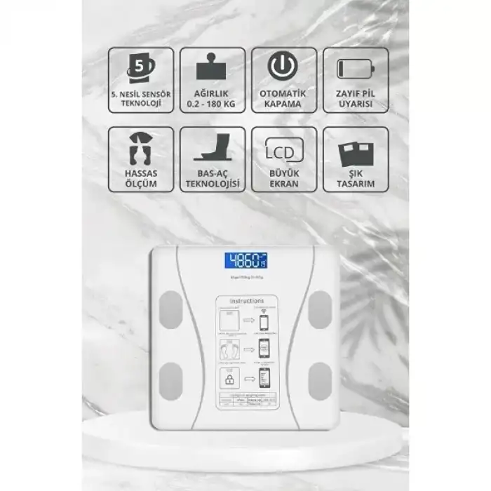 AsilTech Beyaz Renk Bluetooth Özellikli Akıllı Tartı