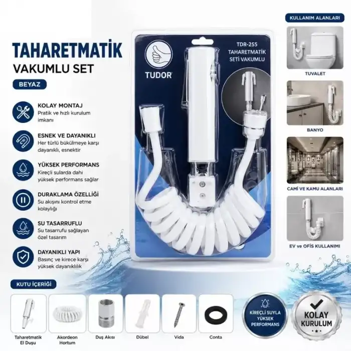 AsilTech Beyaz Taharetmatik Seti - Vakumlu Montaj - Akordeon Hortumlu