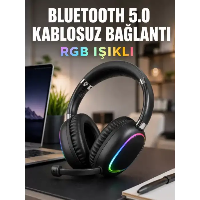 AsilTech Bluetooth 5.0 Kablosuz Kulak Üstü Kulaklık Mikrofonlu RGB Aydınlatmalı