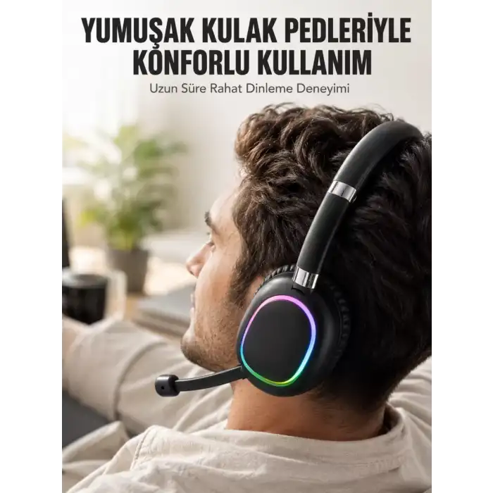 AsilTech Bluetooth 5.0 RGB Işıklı Mikrofonlu Kablosuz Kulak Üstü Kulaklık