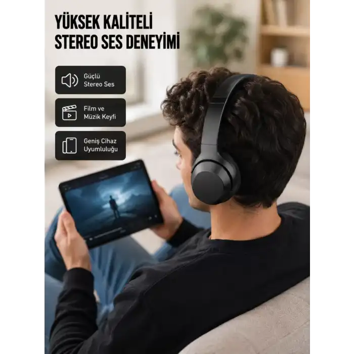 AsilTech Bluetooth 5.0 Siyah Kablosuz Kulaklık 18 Saat Batarya Katlanabilir Tasarım Yeni Nesil