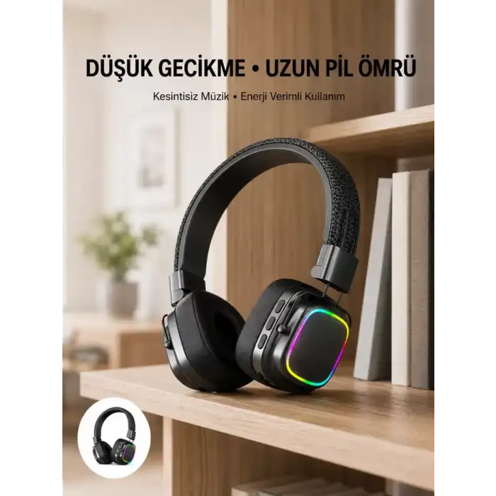 AsilTech Bluetooth 5.3 Rainbow Işıklı Kulak Üstü Kablosuz Kulaklık Yeni Nesil