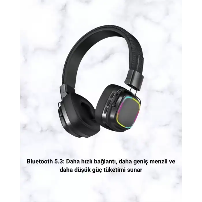 AsilTech Bluetooth 5.3 Rainbow Işıklı Kulak Üstü Kablosuz Kulaklık Yeni Nesil