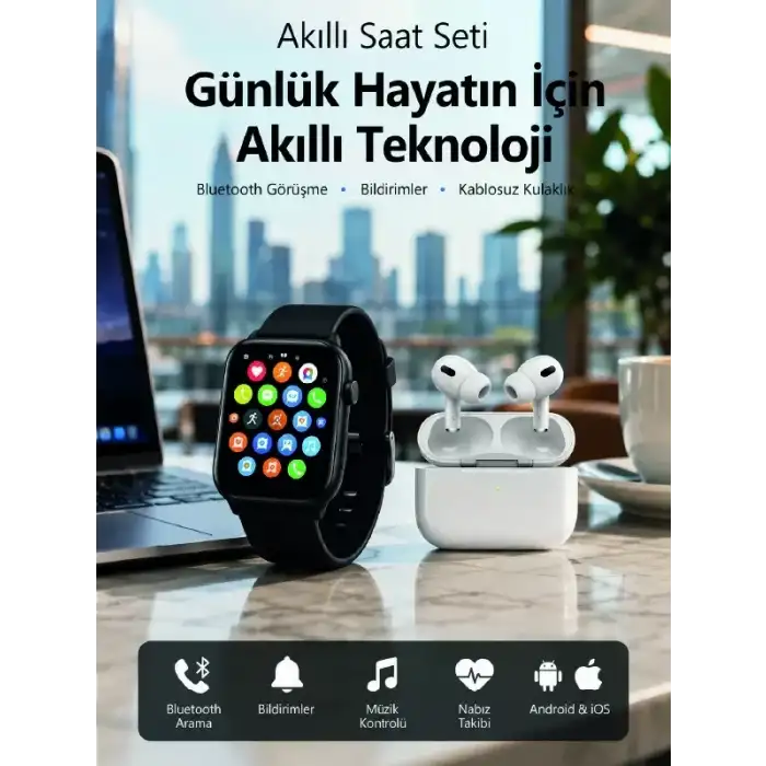 AsilTech Bluetooth Arama Özellikli Akıllı Saat Seti Kablosuz Kulaklık Hediyeli, Android & iOS Uyumlu