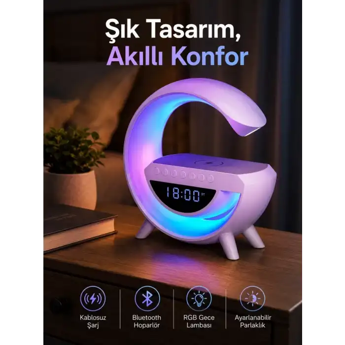 AsilTech Bluetooth Hoparlör 15W Kablosuz Hızlı Şarj LED Gece Lambası