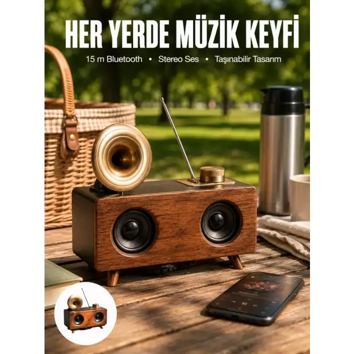 AsilTech Bluetooth Hoparlör Ahşap Klasik Retro Gramofon Bluetooth Müzik Kutusu