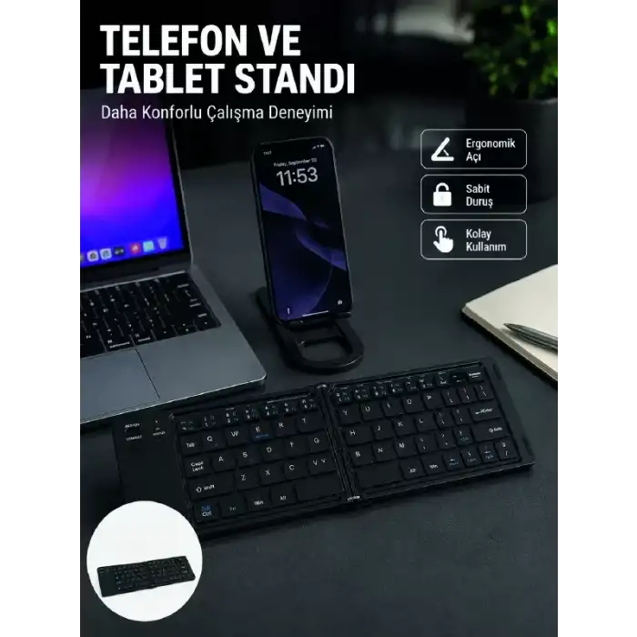 AsilTech Bluetooth Katlanabilir Klavye USB-C Şarjlı 3 Cihaz Bağlantılı Taşınabilir Klavye
