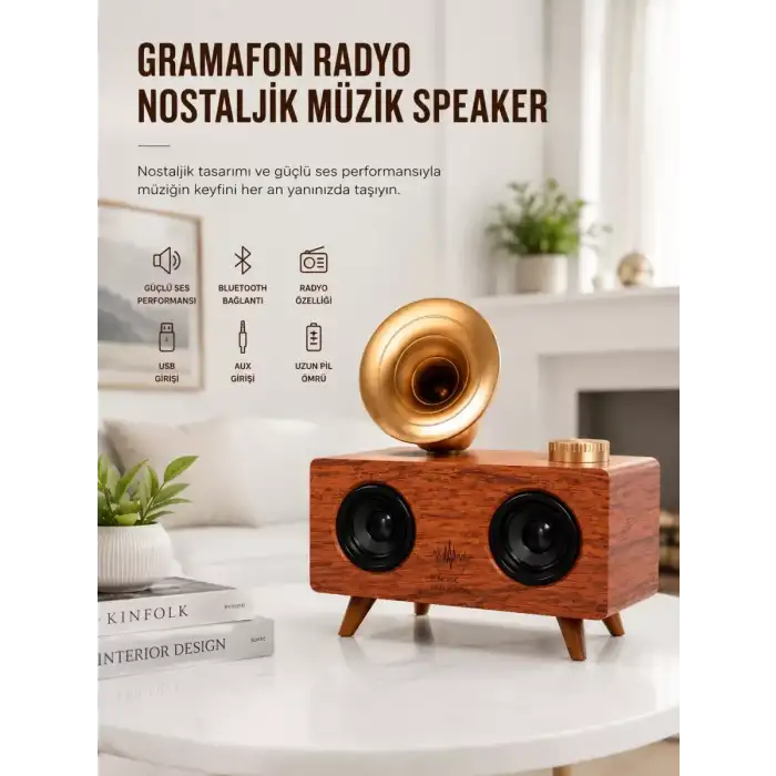 AsilTech Bluetooth Nostalji Speaker Radyo Gramofon Ahşap Renk Vintage Yeni Nesil