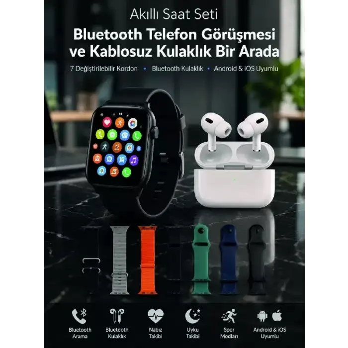 AsilTech Bluetooth Telefon Görüşmeli Akıllı Saat Seti Kablosuz Bluetooth Kulaklık 7 Değiştirilebilir Kordon