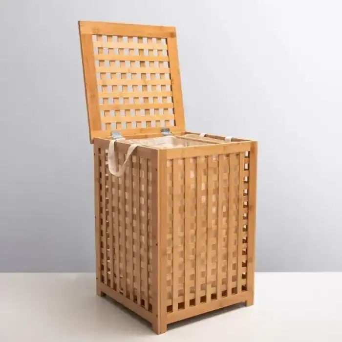 AsilTech Büyük Boy Ahşap Bambu Kirli Sepeti 45x45x62