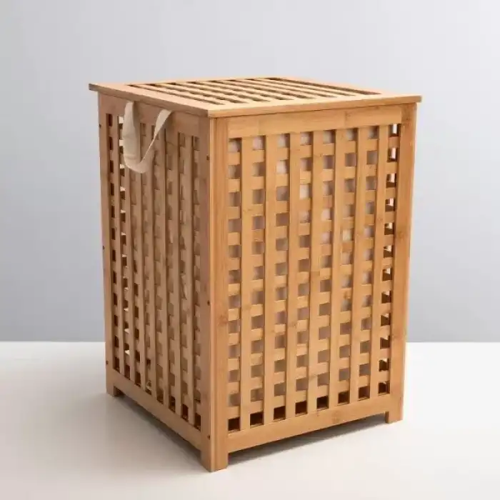 AsilTech Büyük Boy Ahşap Bambu Kirli Sepeti 45x45x62