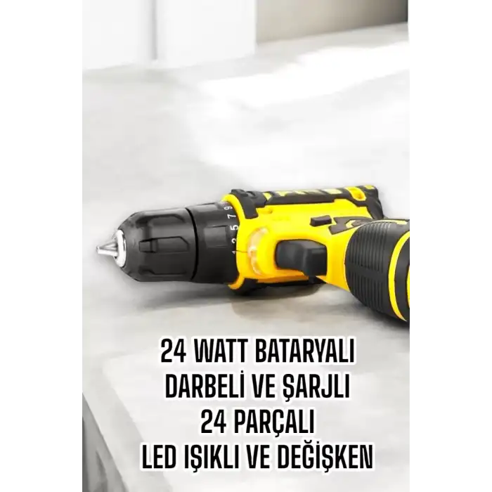 AsilTech Çift Bataryalı Metal Dişli Darbeli Şarjlı Matkap Seti 24W Güç ve 24 Parça Aksesuar