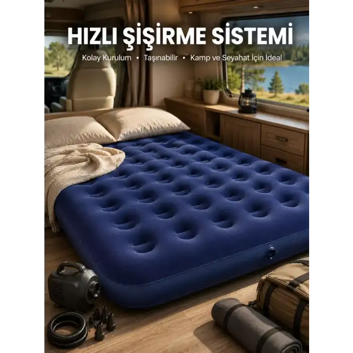 AsilTech Çift Kişilik Şişme Yatak Dayanıklı Vinil Kamp ve Misafir Kullanımına Uygun