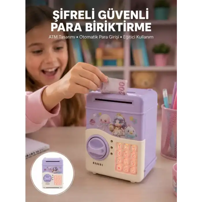 AsilTech Çocuklar İçin Elektronik Şifreli Para Biriktirme Kumbarası Mor
