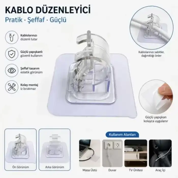 AsilTech Çok Amaçlı Kıskaçlı Yapışkanlı Kablo ve Mop Tutucu